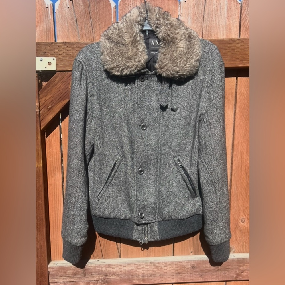AX Armani Exchange Gray Wool Jacket with Faux Fur Collar